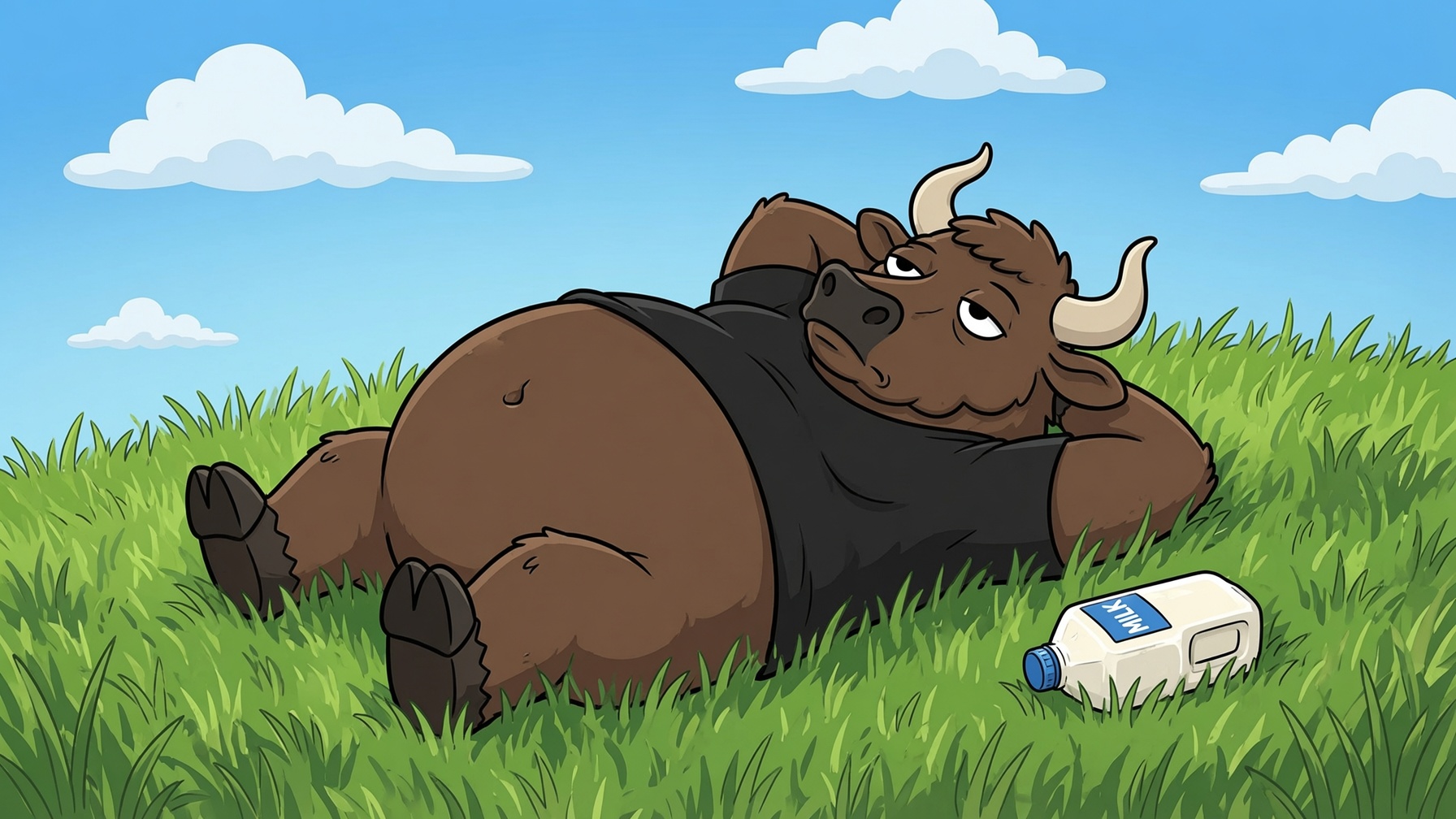 Ansem SR lying in the grass next to a jug of milk